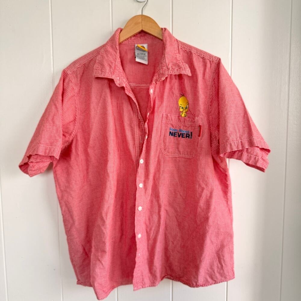 Vintage 90's Looney Tunes Tweety Bird Embroidered Red Checkered Shirt 22/24W